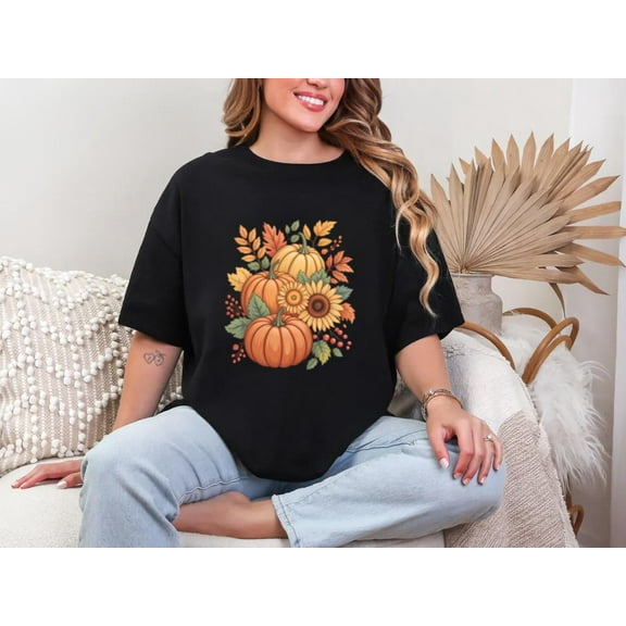 Thanksgiving Pumpkin Sunflower Fall Autumn Holiday Humor Graphic Unisex T-Shirt, for men & women, up to size 5XL.