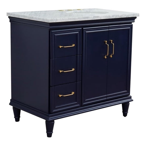 37 in. Single Wooden Vanity  Blue White Carrara Oval Right Door.Right Sink