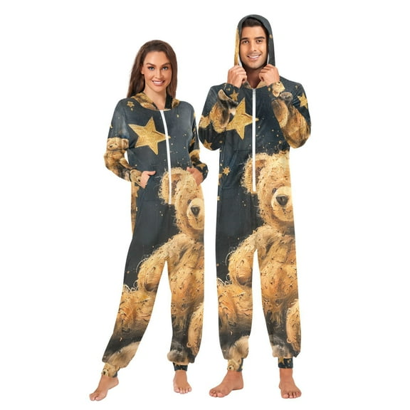 Teddy Bear Stars Adult Onesie Pajamas Slim Fit Christmas One Piece Suit Pjs for Women and Men Hooded Zipper