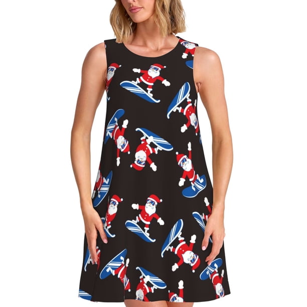Disketp Surfing Santa para Vestido sin Mangas para Mujeres, Vestidos de Verano para Mujeres, Casual y Holgado para la Playa