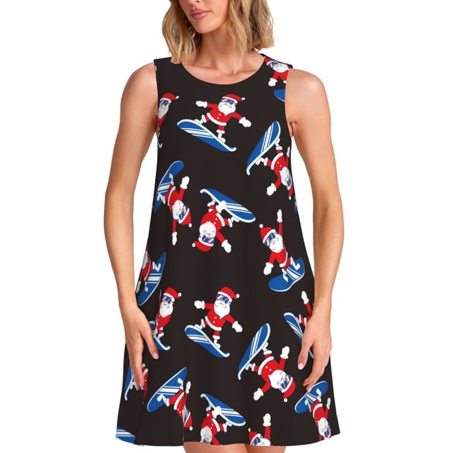 Xecao Robe de Surf Père Noël pour Femmes Robes d'Été Décontractées Robes de Plage Sans Manches Robe Évasée avec Poches