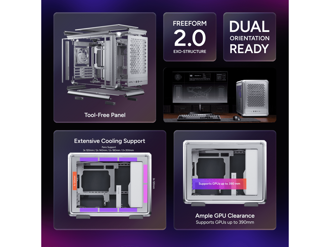 Cooler Master MasterFrame 400 mATX Modular PC Case - Micro-ATX/Mini-ITX, Aluminum Open Frame Chassis, 1 x ARGB Fan Preinstalled, 390mm GPU, 360mm Radiator Support, Silver