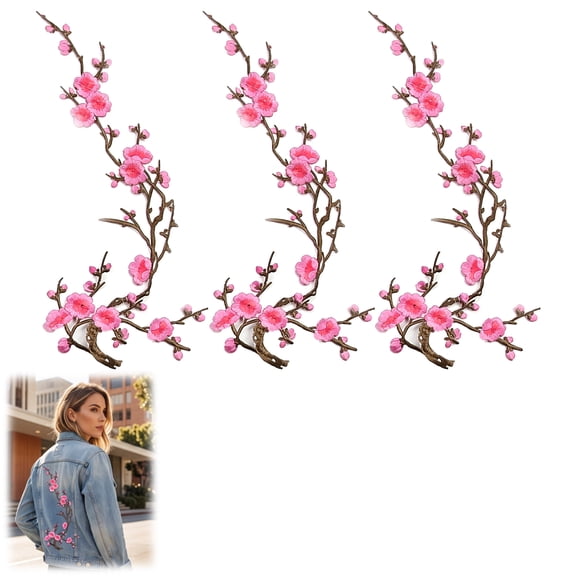 Cherry Blossom Iron On Patches, Light Pink Flower Vine Embroidery Applique, DIY Decorative Floral Patches for Clothing, Backpacks, Hats, Shoes & Fabric Crafts.(Pink 3pcs)