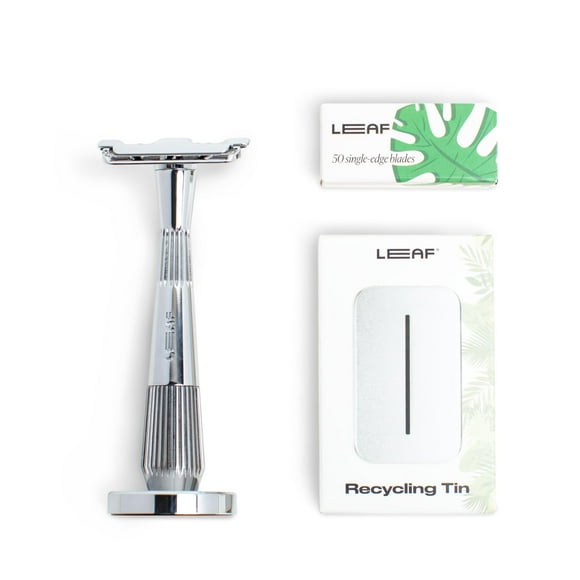 Leaf Shave | The Twig Razor Set, Chrome - Includes 1x Twig Razor, 1x Matching Stand, 1x 50-Pack of Single-Edge Blade Refills, and 1x Razor Blade Bank