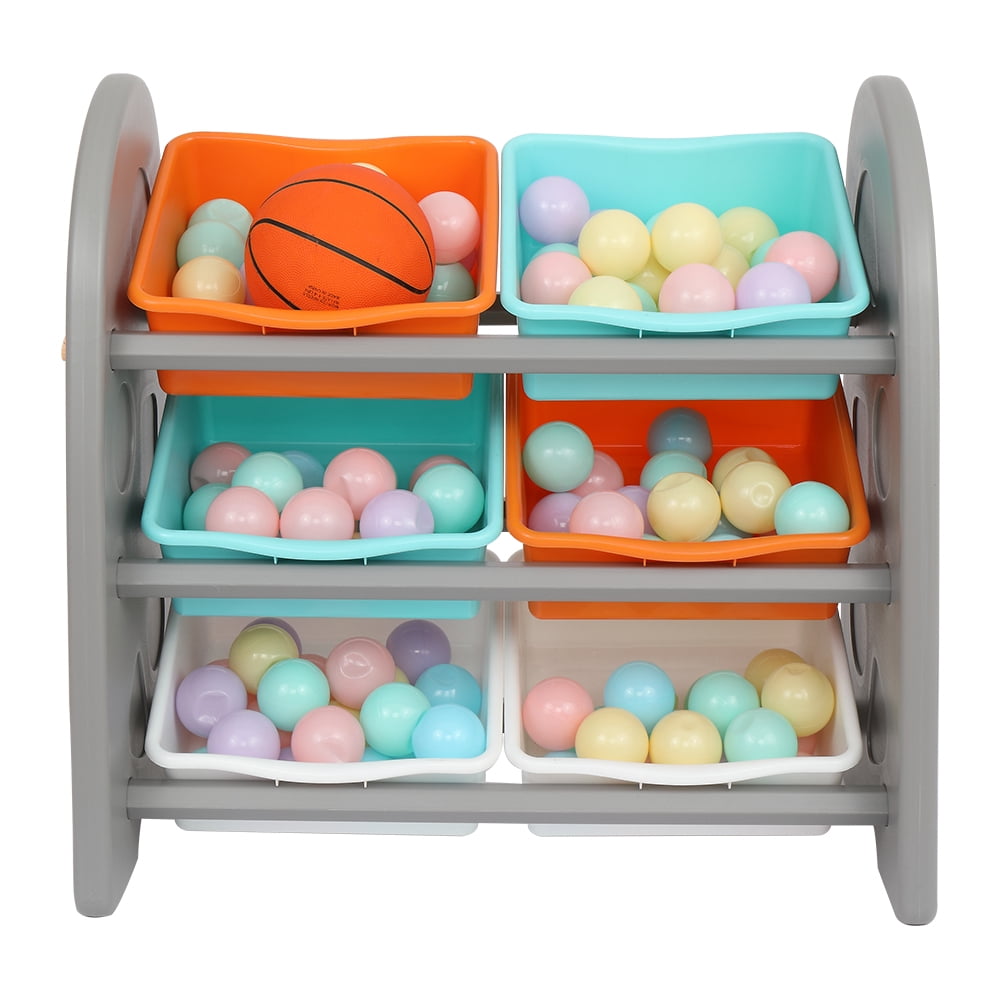 Private Jungle Wooden Kids' Toy Storage Organizer with 6 Plastic Bins，Gray Color