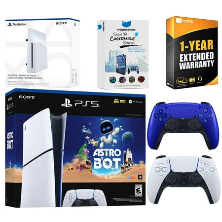 Sony PlayStation 5 Astro Bot Slim Digital Bundle with Disc Drive, Extra Controller, MightySkins Voucher and 1 Year Extended Warranty - Cobalt Blue