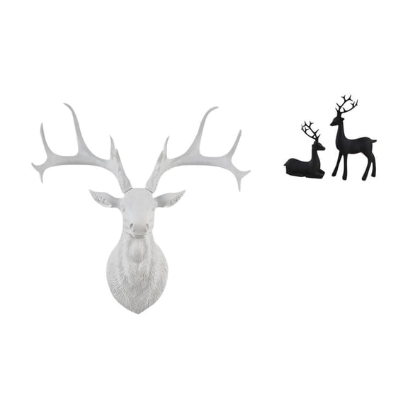 LOVIVER Majestic Resin Deer Head Wall Sculpture and Black Reindeer Figurine Set for Boho Home Office Living Room Study Balcony Decor Gift