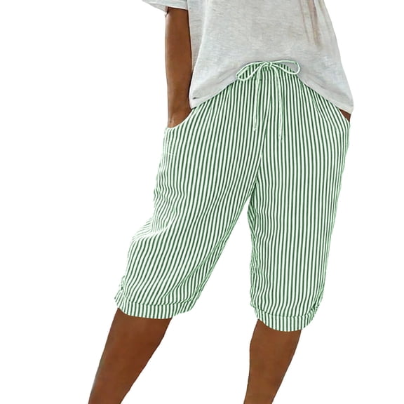 HADST Women's Striped Knee-Length Shorts Drawstring Elastic Waist Rolled Cuff Pocket Shorts for Casual Summer