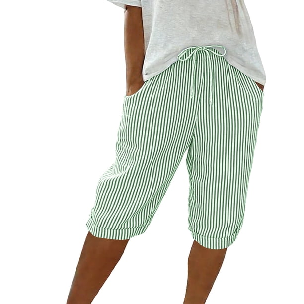 Pantalones Sueltos de Pierna Ancha para Mujeres Pantalones Cortos Sueltos Elásticos de Raya Casual Pantalones Cortos de Pierna Ancha Recta con Bolsillo