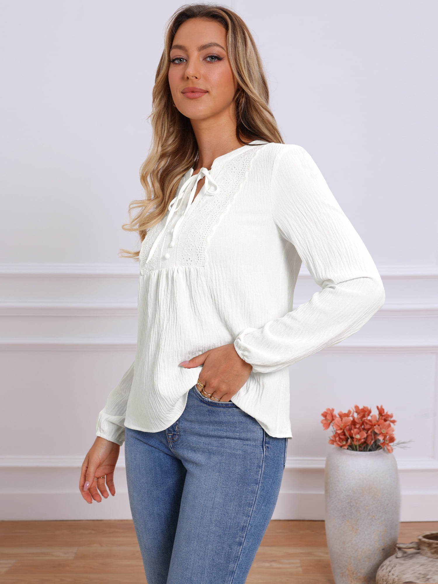 DARING DIVA Women's Tie Front Casual V Neck Blouses XS White