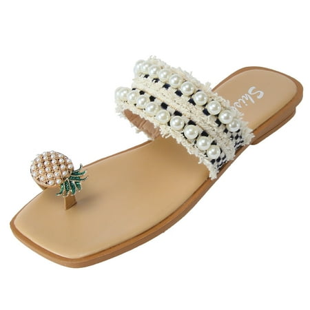 

Mortilo Fashion Summer Women Slippers Thong Pineapple Pearl Flat Comfort Casual Style Beach PU slipper for Women Black