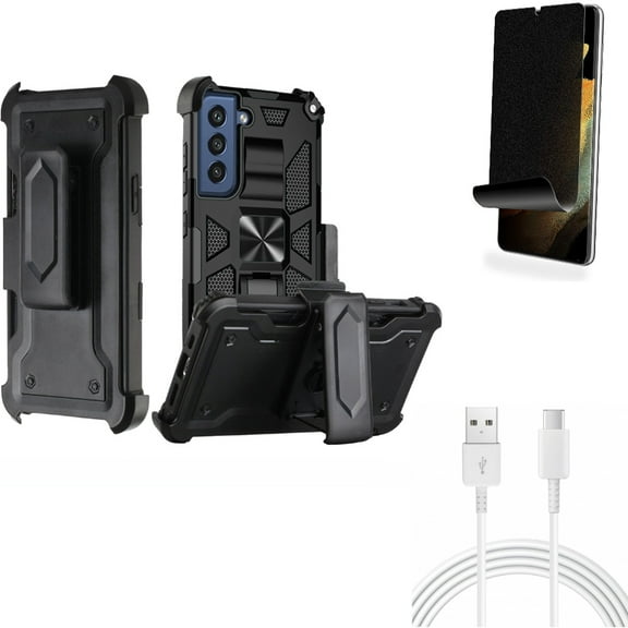 Case Belt Clip & 10ft USB-C Cable & Privacy Screen Protector for Samsung Galaxy S22 Plus (S22 ) - Combo Holster Swivel Cover & Type-C Charger Cord Power & TPU Film (Fingerprint Works) Anti-Peep