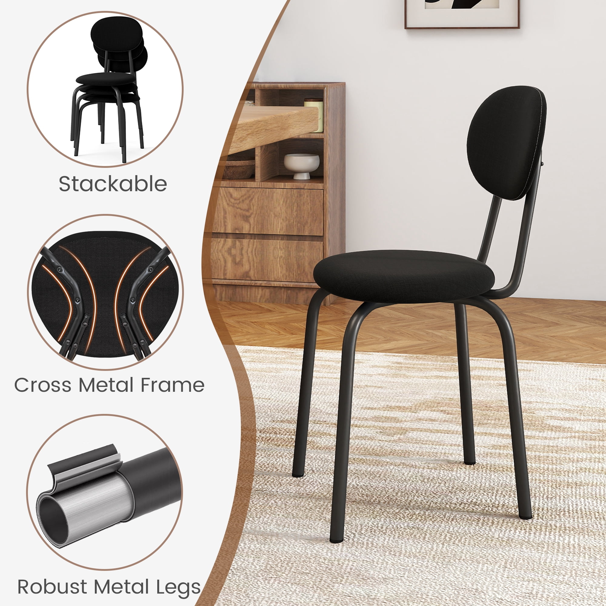 Melocadol Stackable Dining Chairs Set of 4, Modern Upholstered Dining Chairs with Comfortable Padded Seating, Steel Frame with 400 Lb. Capacity, Space Saving, for Kitchen, Dining Room, Black