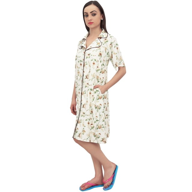 Bimba Chemise de Nuit à Manches Courtes Imprimée Florale pour Femmes Marron avec Poches - 20