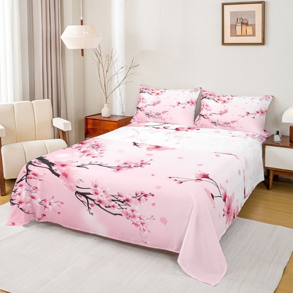Manfei Chic Flowers Sakura Twin Sheet Sets 3pcs for Teens Adults,Cherry Blossoms Twin Fitted Sheet Microfiber,Japanese Style Breathable Flat Sheet,Super Cozy Room Decor