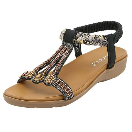 

Women S Sandals Thong Toe Rhinestone Slippers Women S Round Head Outer Wear Solid Color Low-Heeled Flip-Flops
