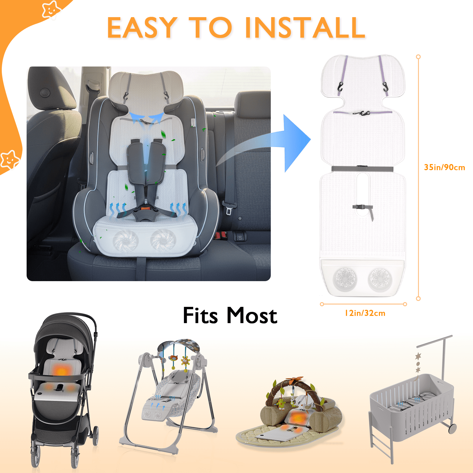 YunBaby Baby Stroller Cooling & Heating Pad, USB-Powered Pad with 2 Fans, 3 Speed Settings & Timer, Dual-Layer Mesh for Car Seat, Stroller, Crib, All-Season Baby Comfort