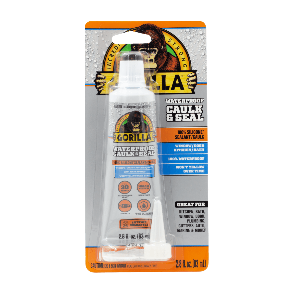 Gorilla Waterproof Caulk & Seal Silicone Sealant, 2.8oz