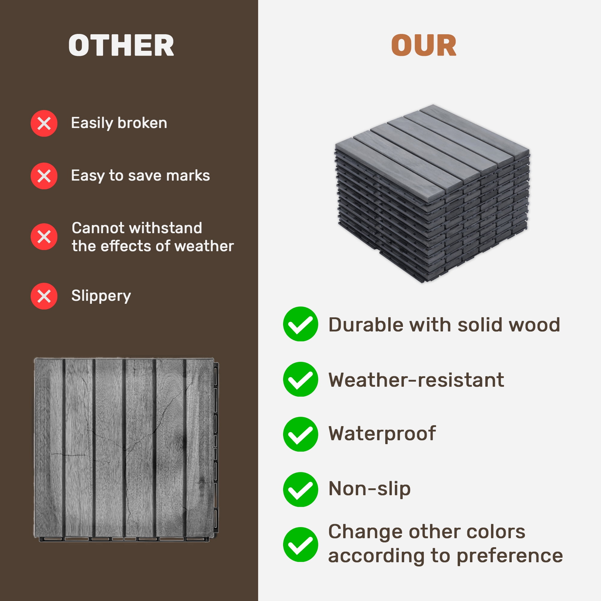 Acacia Wood Deck Tiles, 30 PCS 12x12 Inch Striped Hardwood Tiles for Patio Balcony Backyard Garden, Light Gray