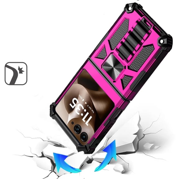 Phone Case for Motorola Razr PLUS 2024 Built in Magnetic Hiden Kickstand Shockproof Rugged Armor Grip Hybrid Heavy Duty Anti Slip Protective Style Cover Pink