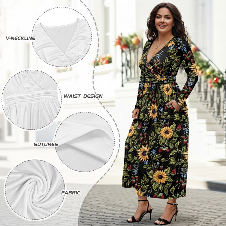 Tutolipy Sunflower Printed Dresses for Women V Neck Midi Dress