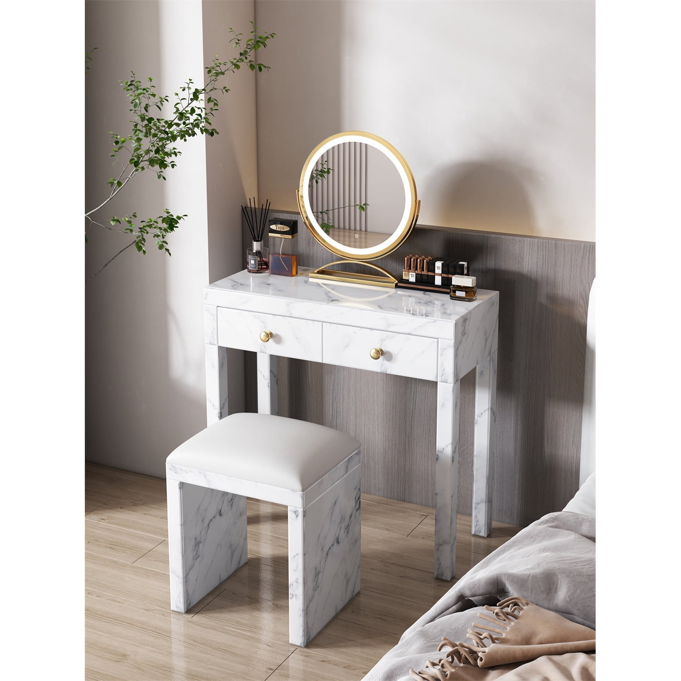 Buy Luxury Makeup Table Marble Texture Vanity Set with Stool, Large