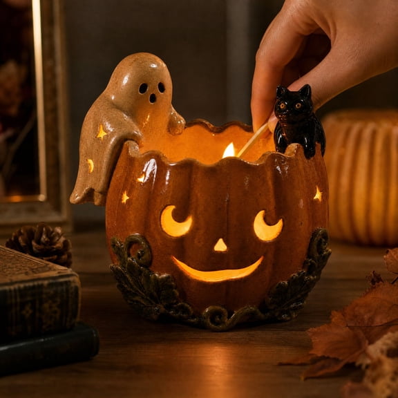 Pumpkin Bowl with Ghost Cat Halloween Decorations Jack-O-Lantern Tealight Candle Holder Fall Table Centerpiece Mantel Shelf Autumn Home Decor,B