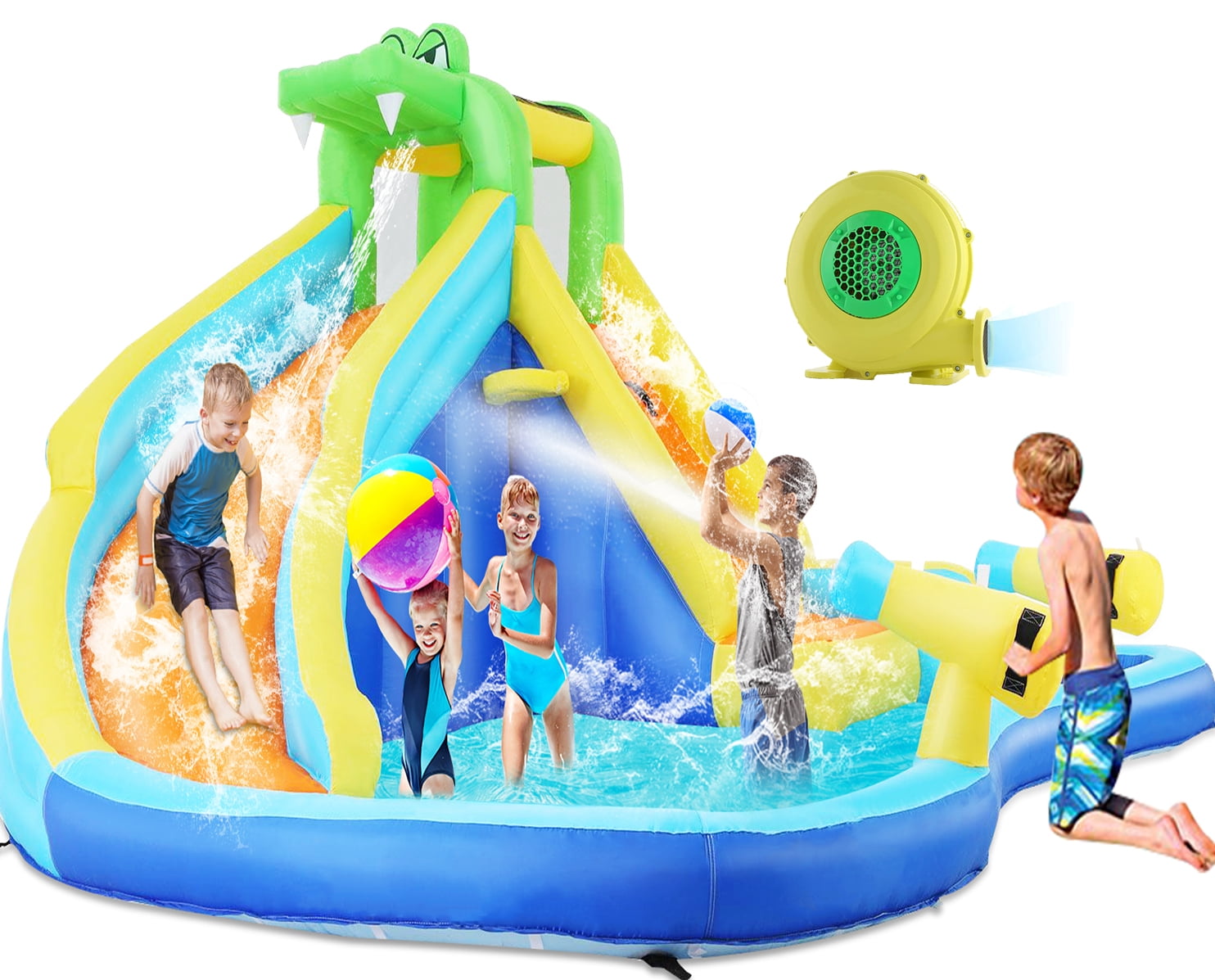 Inflatable Bounce House with Spray Pool, 2 Water Guns, Climbing Wall, Basketball Hoop, and Inflatable Water Slide with UL Air Blower, (Gift for Kids), Polyester, Child, Teen, Toddler