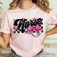 thumbnail image 2 of Nurse Floral Coquette Pink Bow T-Shirt, Retro Stethoscope Checkered Tee, 2 of 8