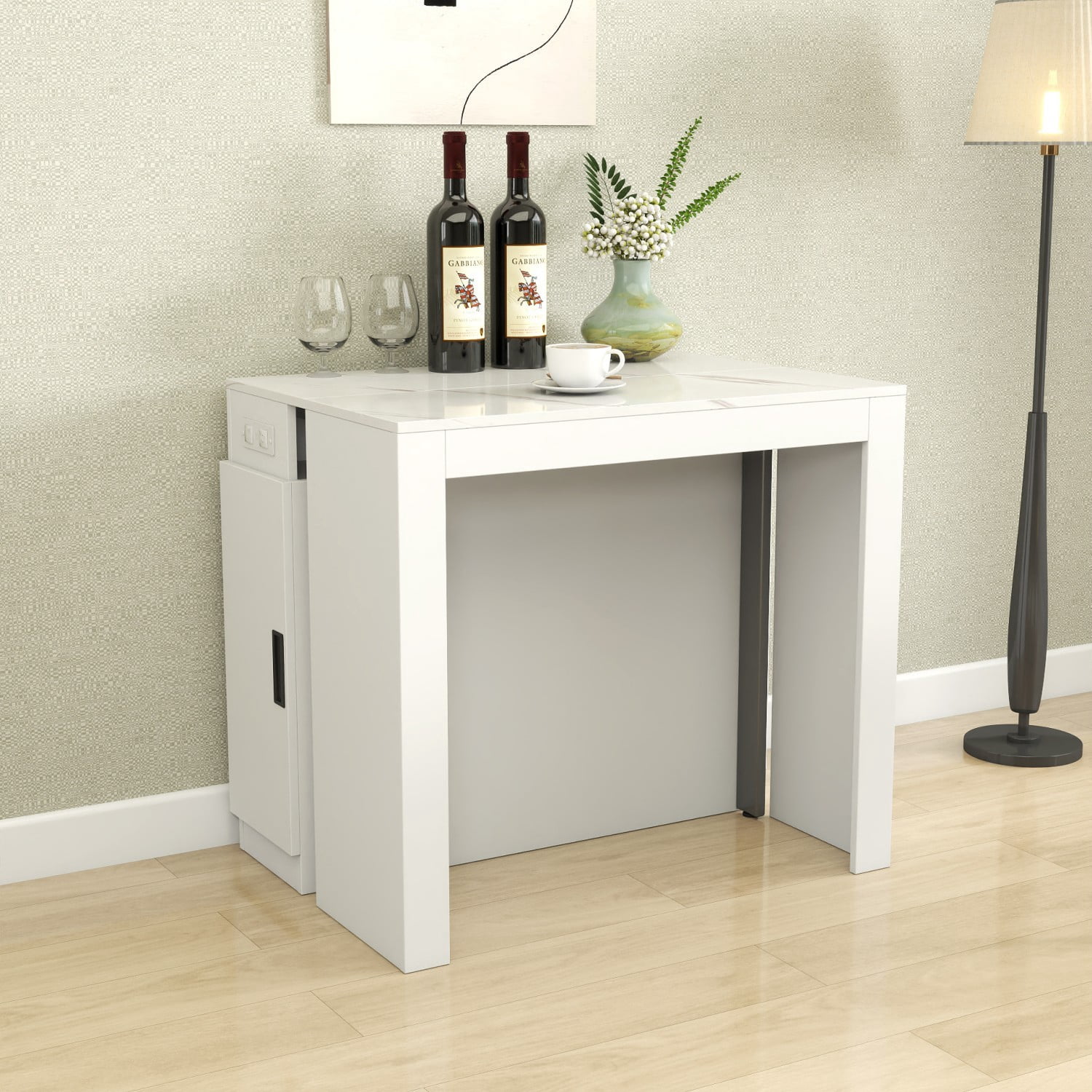 Multifunctional Extendable Console Table, 118.11" Large Expandable Dining Table with Storage Extension Design, Modern Wood Desk for Dining, Living, Home Office & Small Spaces, Cream