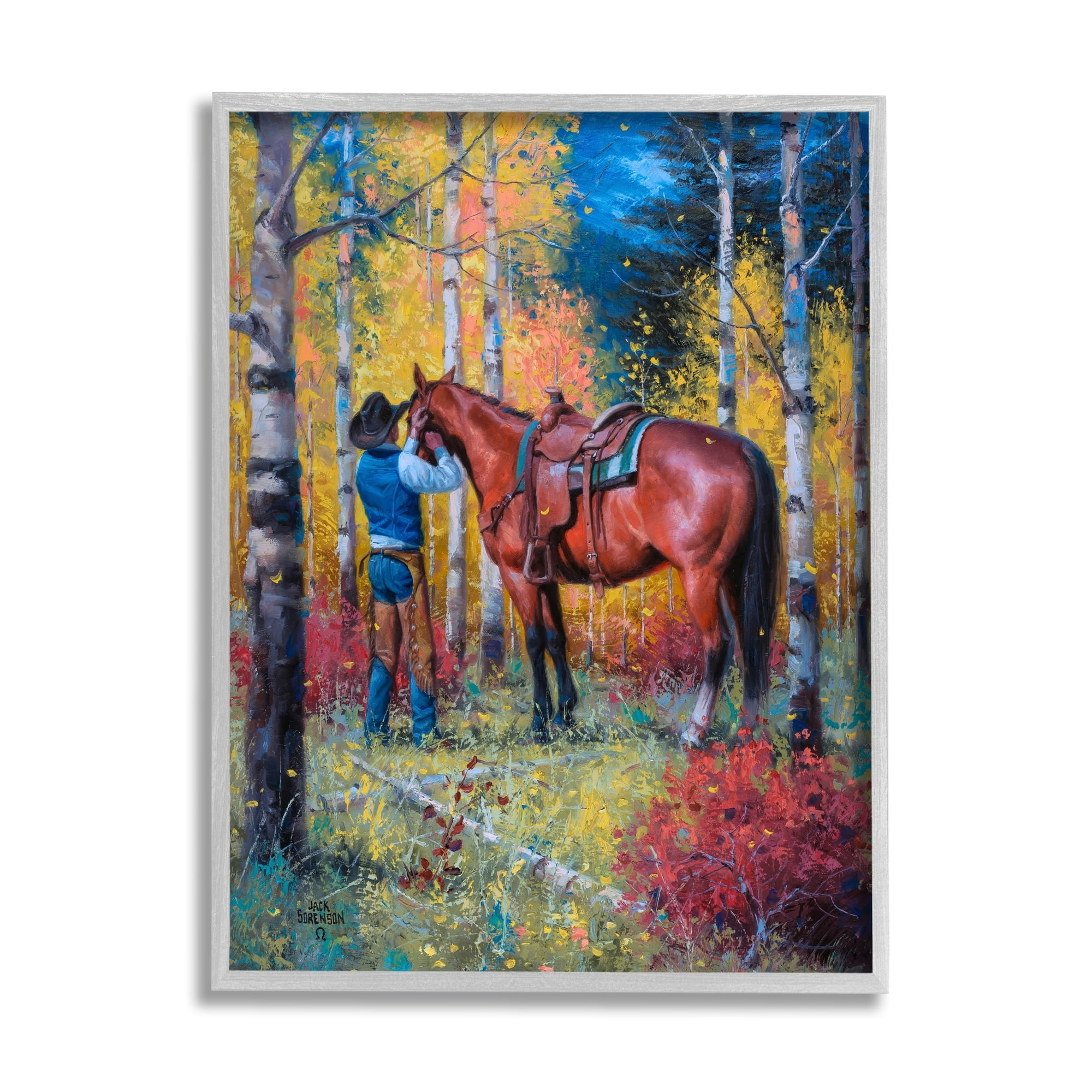 Stupell Industries Cowboy Strapping Colt Horse Wild West Fall Forest,24 x 30, Design by Jack Sorenson