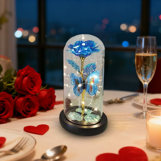 Preserved Flower Ornament with Butterflies and Gold Foil Roses for Valentine's Day, Decorative Gift, Home Decor, Table Centerpiece, 1 Pc