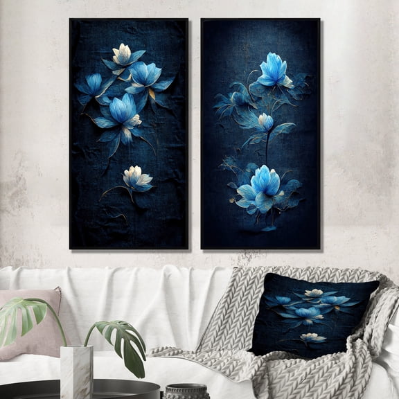 Designart "Vintage Chinese Light Blue Flower Art I" Floral Framed Wall Art Set Of 2 - Traditional Blue Frame Gallery Set For Office Decor