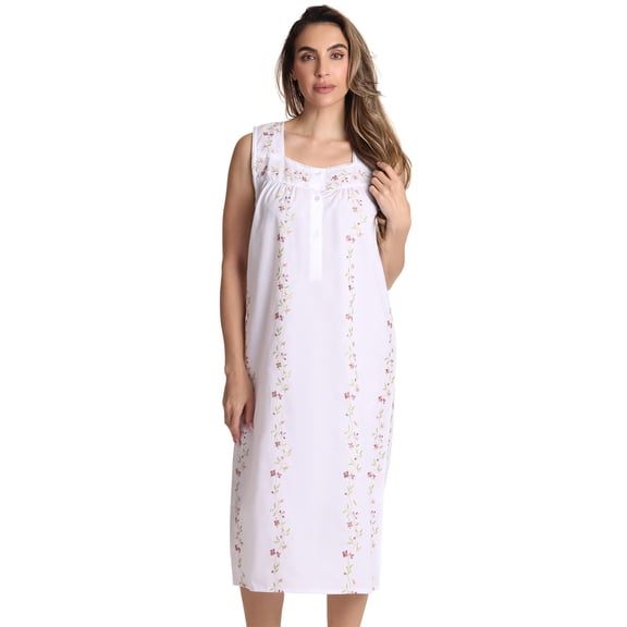 Dreamcrest Womens Sleeveless Nightgown Waltz Length Floral Embroidered Cotton Blend Sleep Dress with Button Front (White, Small)