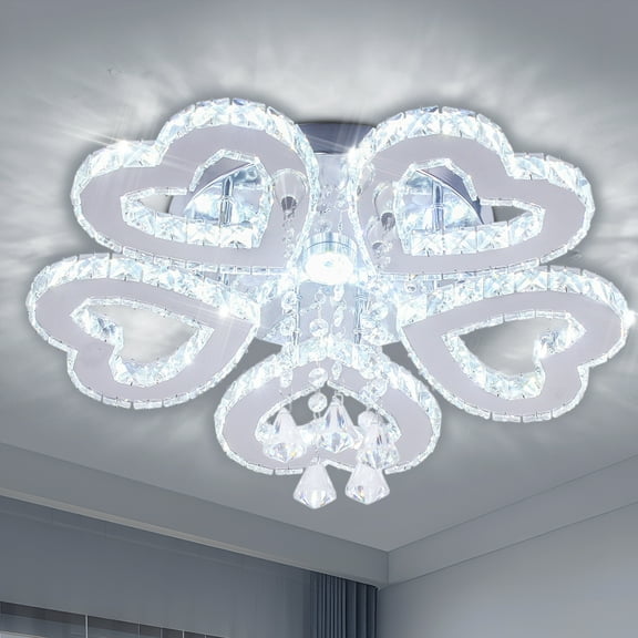 FRIXCHUR Modern Chandelier 5 Heart Ring Crystal Chandelier Crystal Ceiling Light Stainless Steel Pendant Light Chandeliers for Bedroom Living Room(Cool White)