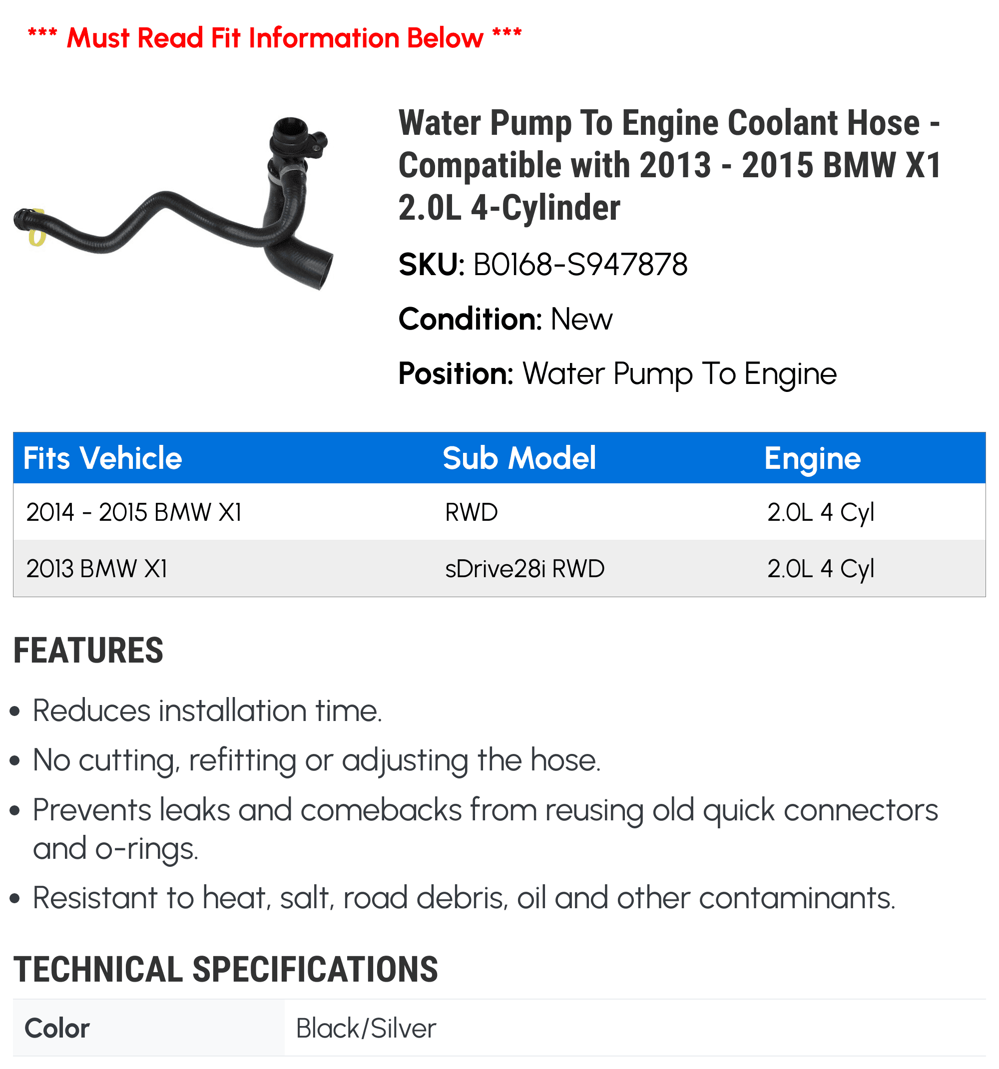 Water Pump To Engine Coolant Hose - Compatible with 2013 - 2015 BMW X1 2.0L 4-Cylinder 2014