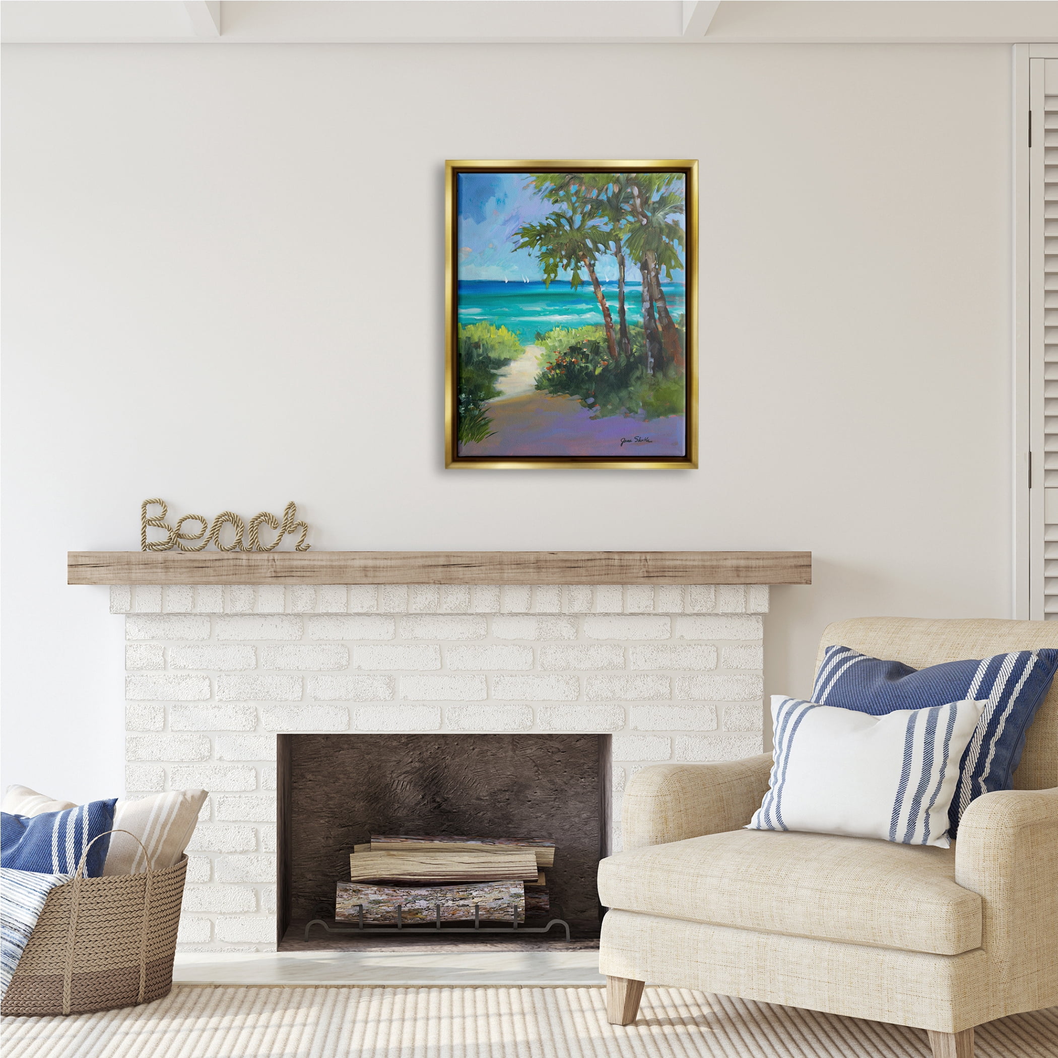Stupell Industries Caribbean Beach View Nature Painting Gold Floater Framed Art Print Wall Art, 25 x 31