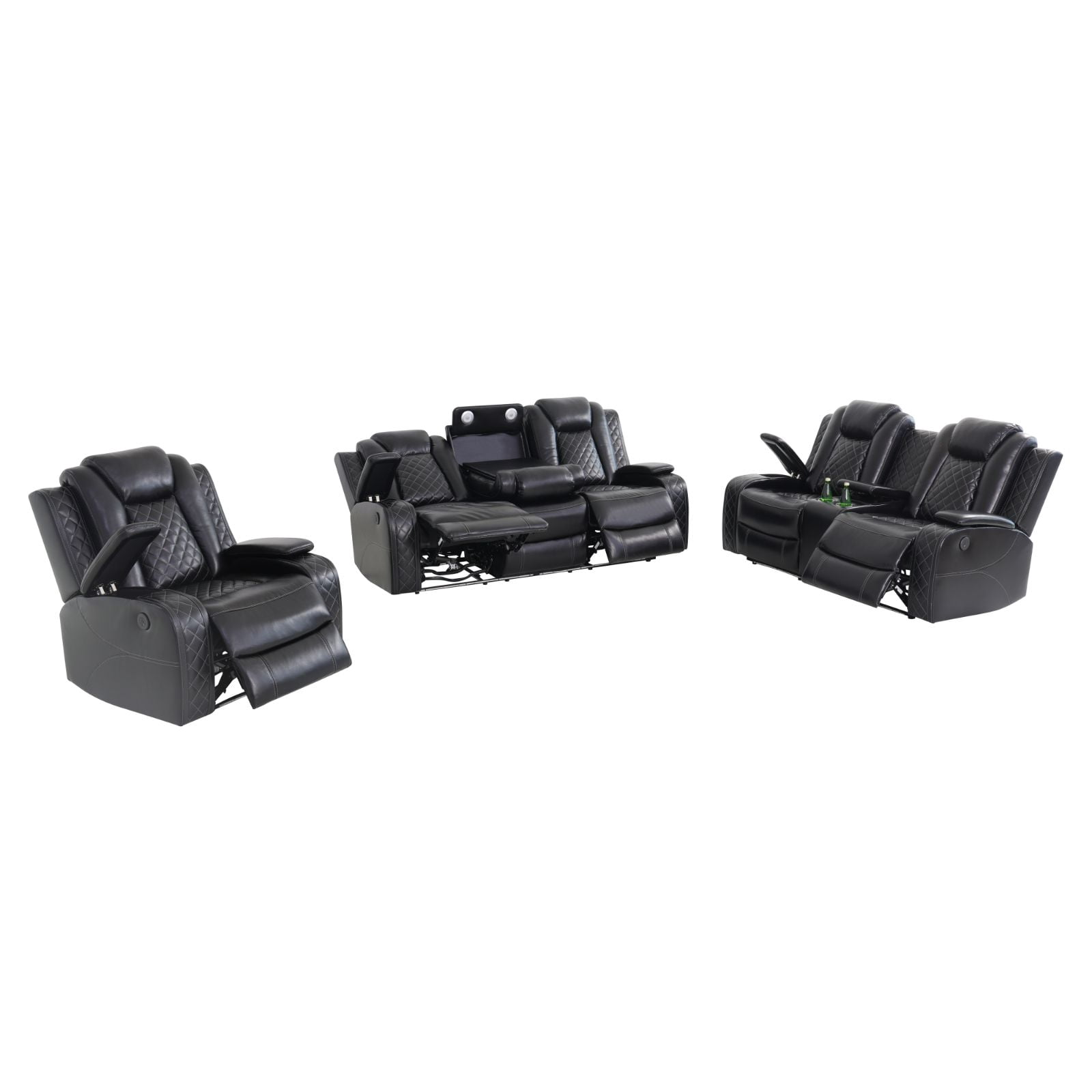 FUOROLA Faux Leather Indoor 3-Piece and Upholstered Recliners with 3 Seat Sofa Loveseat and Chair, Black