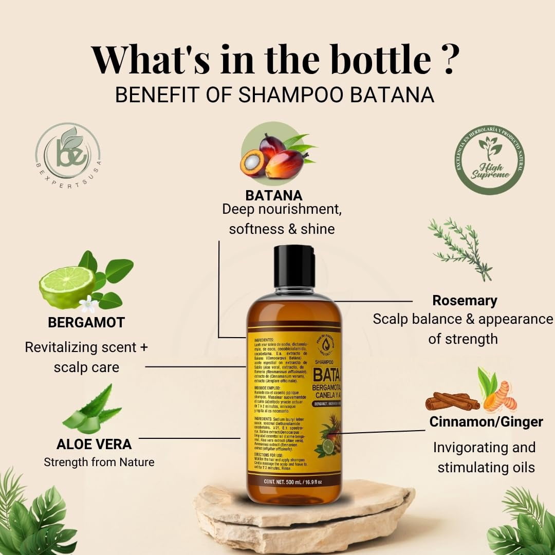 Batana Oil Shampoo w/Bergamot, Rosemary, Cinnamon, Aloe Vera & Ginger – 16.9 fl oz – Salt-Free, Paraben-Free – For Dry & Thinning Hair – + 4 oz Batana Oil – Nourishing Combo Value Pack