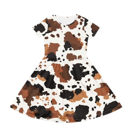 POLERO Cowhide Pattern Short Sleeve Dress Breathable Fabric Adorable Personalized 2-14 Years Old Kids Girls Short Sleeve Casual Dress for Little Girls