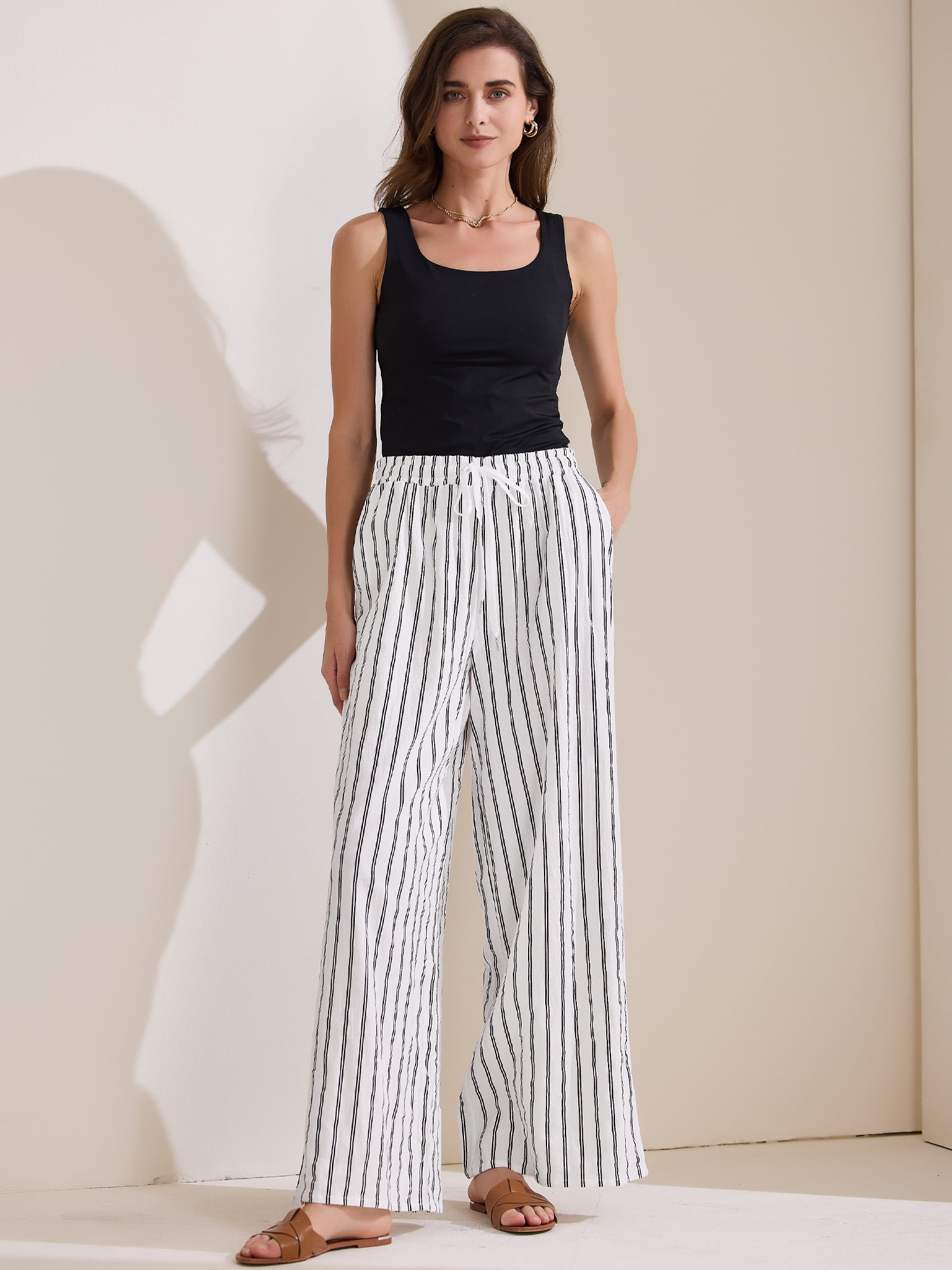 DARING DIVA Women's Stripe Casual Drawstring Wide Leg High Waist Pants S White