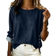 thumbnail image 2 of IUYRTFE Women's Round Neck Long Sleeve Denim Top with Rolled Cuffs Casual Cotton Blend Blouse, 2 of 7