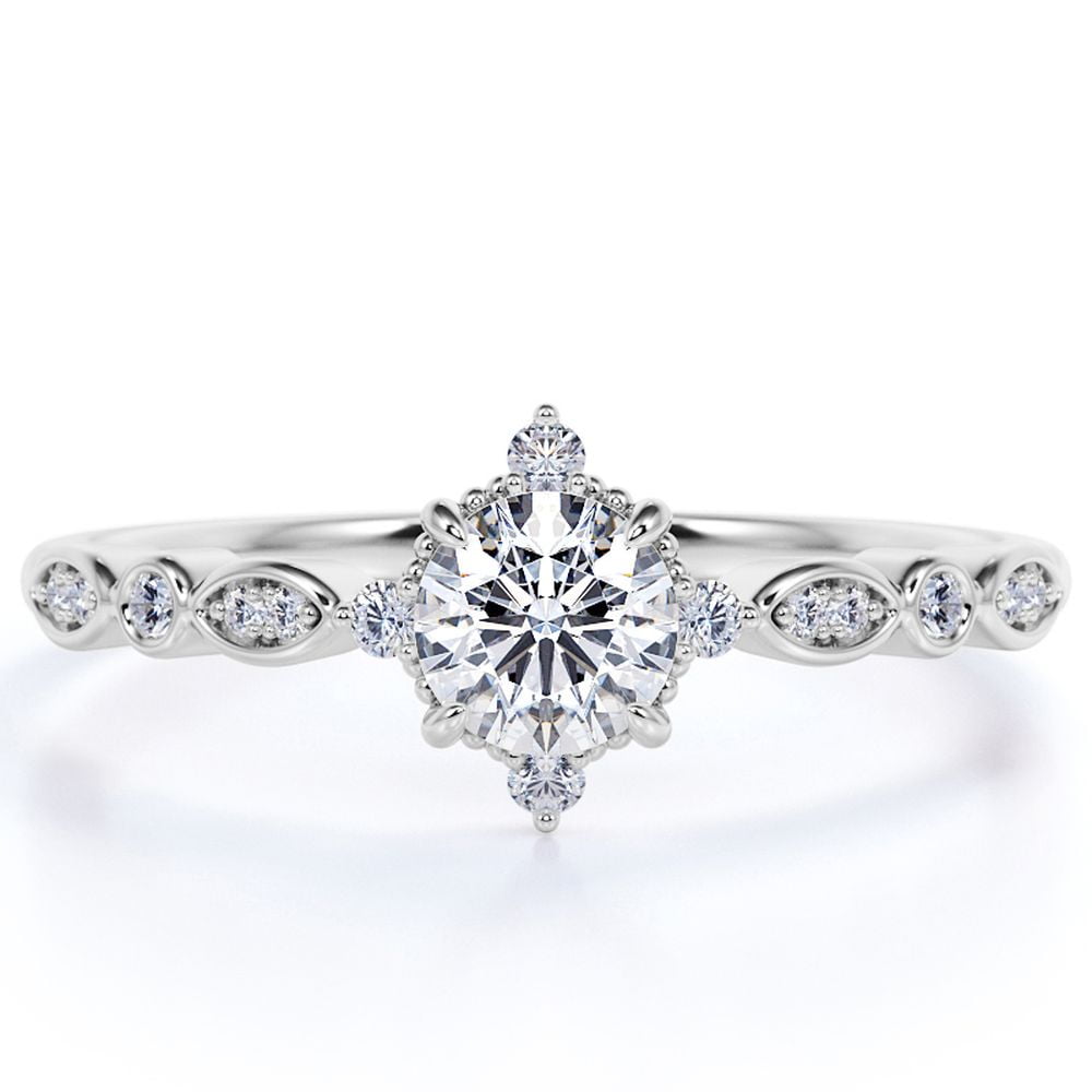 JeenMata 1.75 Carat Round Near Colorless Moissanite Promise Ring - Minimalist Moissanite Engagement Ring - 18k White Gold over Silver