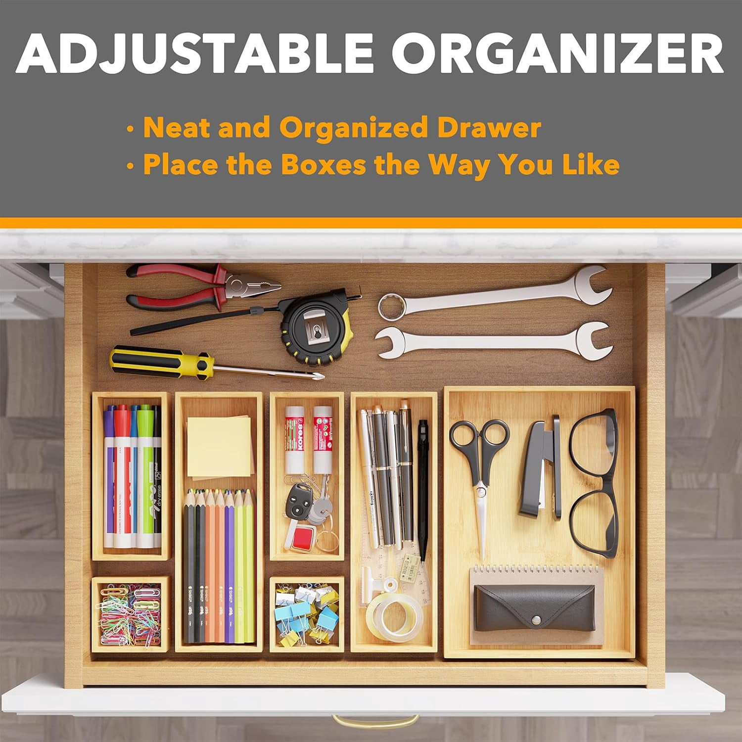 SpaceAid Bamboo Drawer Organizer Storage Boxes Set(7 Pack, Natural)