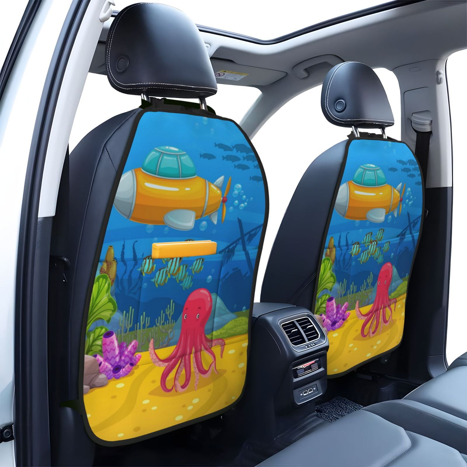 Xecao Submarine And Landscape Pattern Car Seat Back Protector 2 Pack Large Capacity Pocket, Kick Mats Back Seat Protector