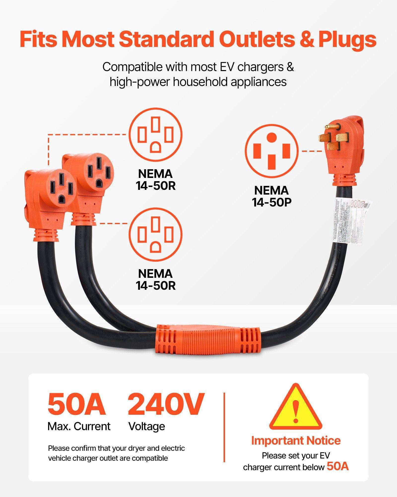 50 Amp NEMA 14-50 Y Splitter Adapter Cord 240V 4 Prong for RV EV Heavy Duty 6/3+8/1 STW Wire Outdoor Power Extension Cord with Grip Handle Dual 14-50R Outlets