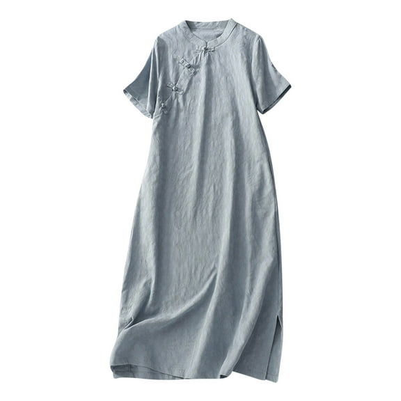 Meichang Women's Summer Casual Dresses Retro Cheongsam Cotton Linen Midi Dresses Solid Short Sleeve Side Slit Dresses Loose Fit Vacation Dresses Light Blue XXL