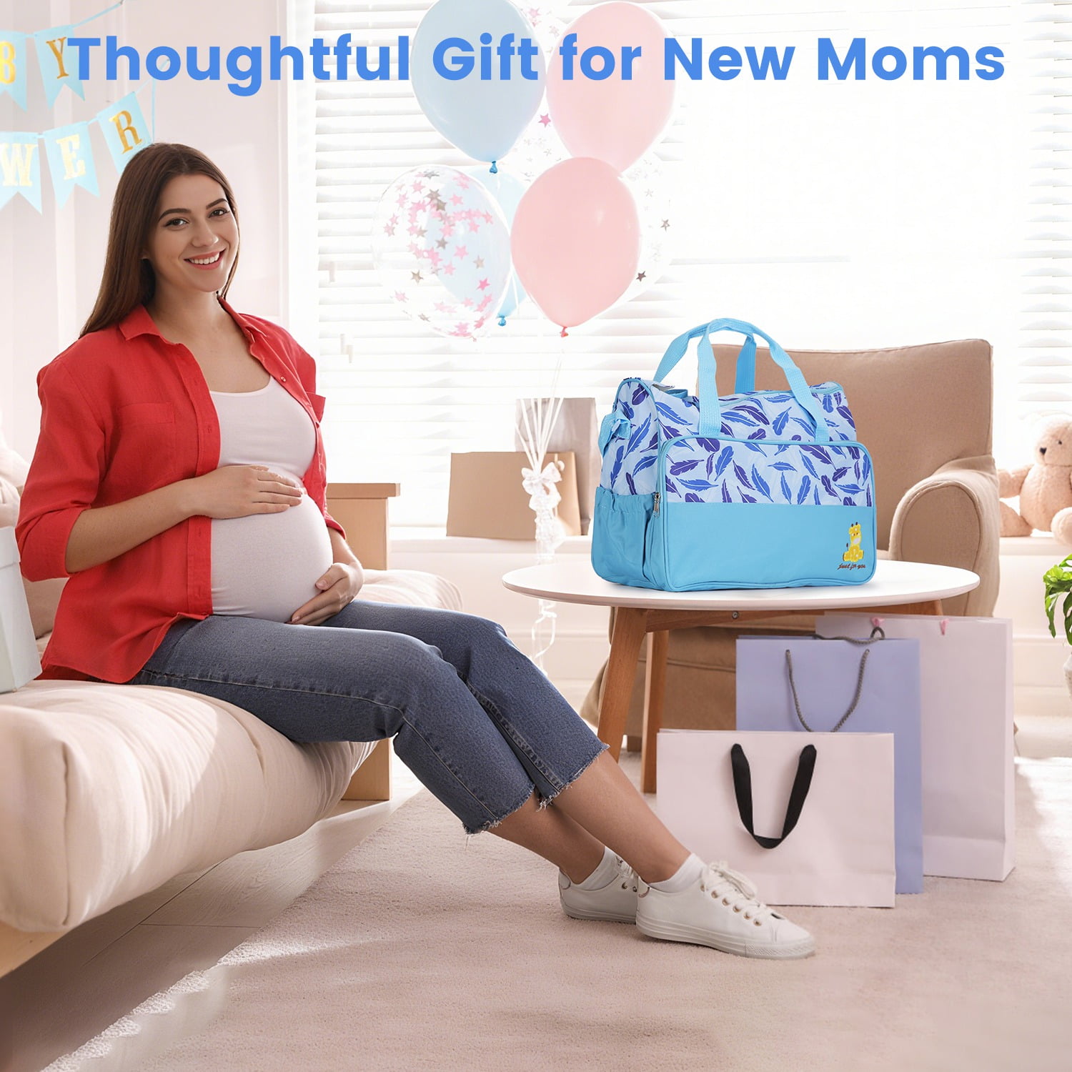 5Pcs Mummy Diaper Tote Bag Baby Nappy Bag with Diaper Pad Food Bag Bottle Bag Travel Tote Bags for Mom Dad Light Blue
