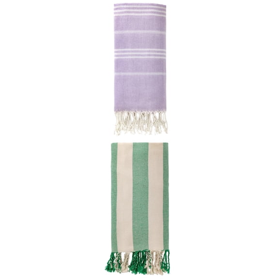 Unique Bargains 2 Pack Stripe Turkish Anti-Sand Beach Towel Purple/Green 71"x 35"/71"x 40"