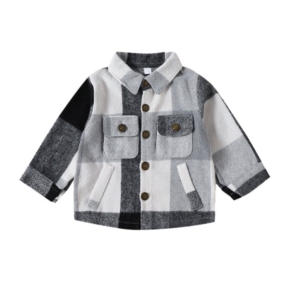 Jackets for Boys Plaid Print Lapel Pocket Buttoned Long Sleeve Shirt Outerwear for Everyday Wear Black 18 Months-24 Months
